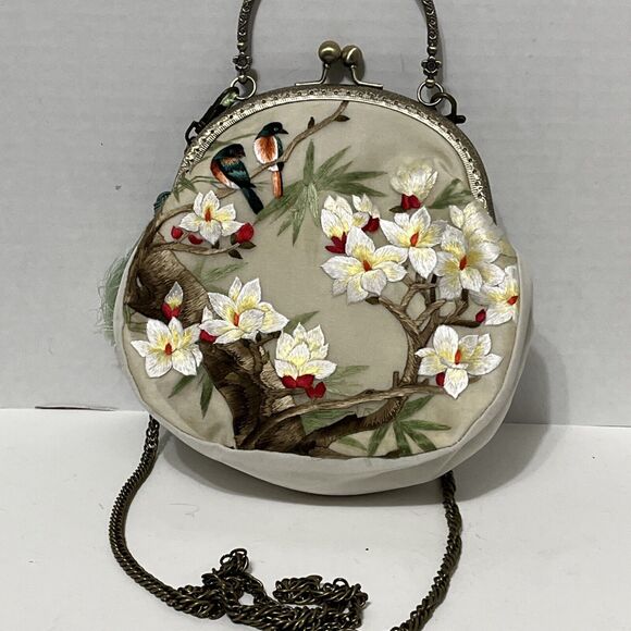 Stunning Vintage Silk Embroidered Clutch Crossbody Purse Birds Tree Flowers - Picture 2 of 4